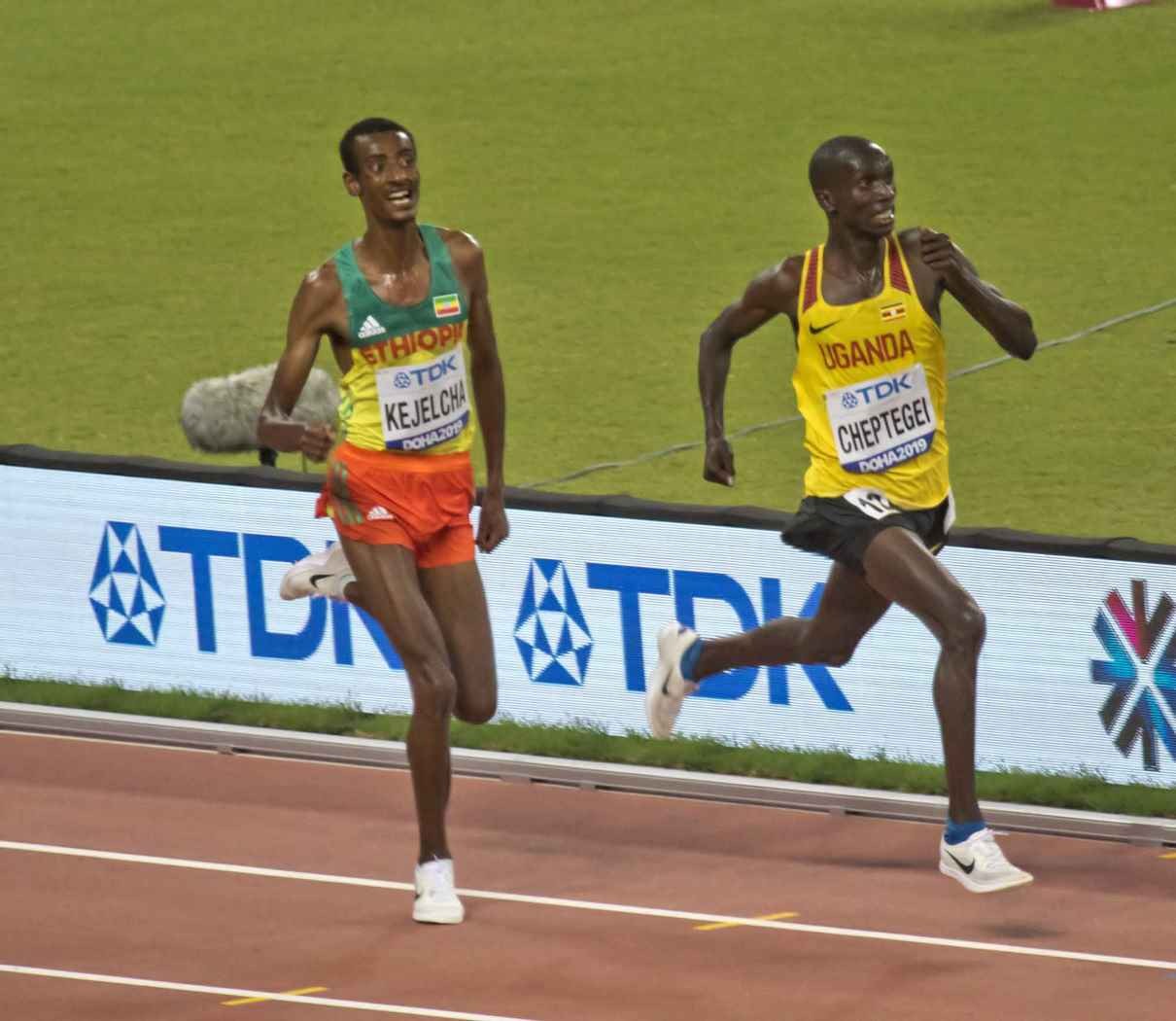 Joshua Cheptegei and Yomif Kejelcha in the 2019 World Championships 10,000m final in Doha. File image, not Monaco 2020.