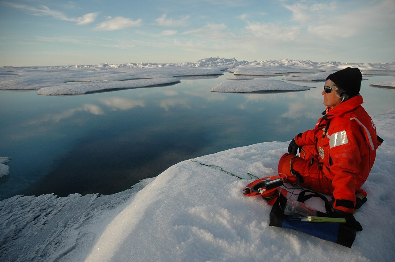 NOAA scientist Sue Moore listens to an underwater hydrophone in an archive Arctic photograph. This is not the MIT experiment described here.