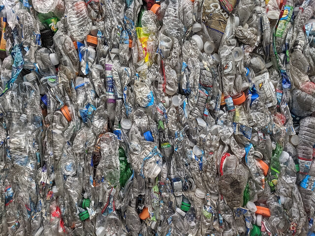 A compressed bale of PET drink bottles at a recycling facility in San Jose, California. This is not an Atlas factory or finished construction component.