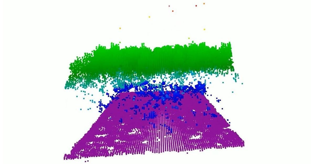 NASA lidar reconstruction from a November 2024 flight over Delaware's Great Cypress Swamp. Green marks canopy, purple ground and blue low vegetation; these are data colours.