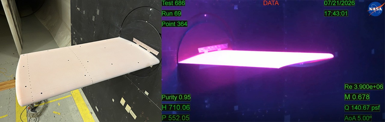 NASA's benchmark wing before and during ultraviolet illumination in a wind tunnel. The pink-purple glow comes from the measurement technique, not a burning wing.