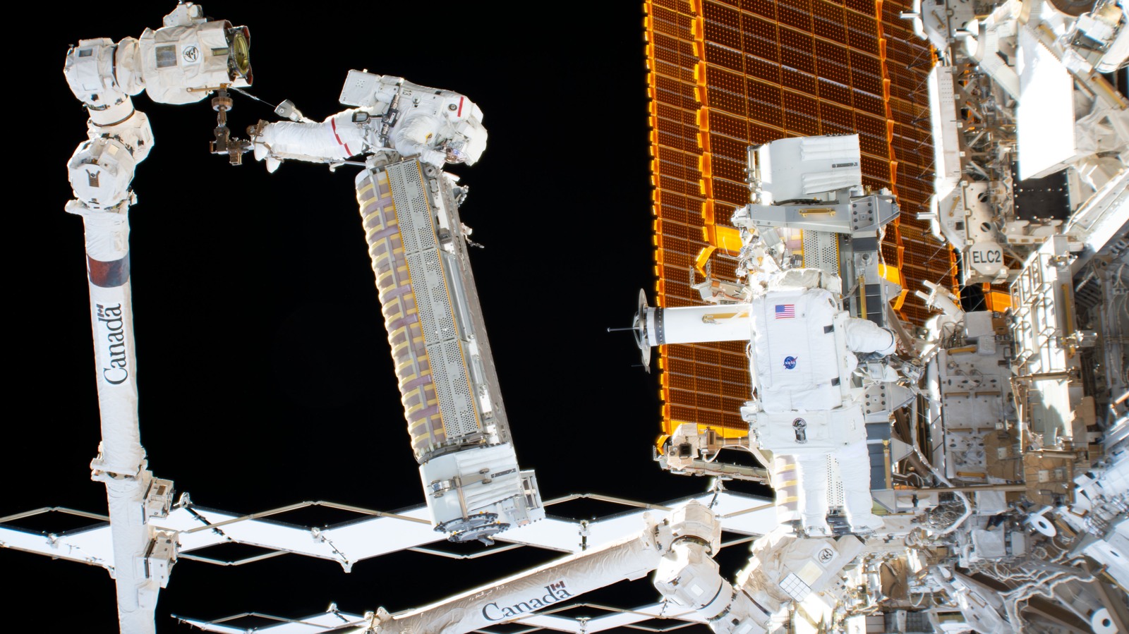 NASA astronauts installing a roll-out solar array during a 2022 spacewalk. File photograph; it does not show the latest delivery.