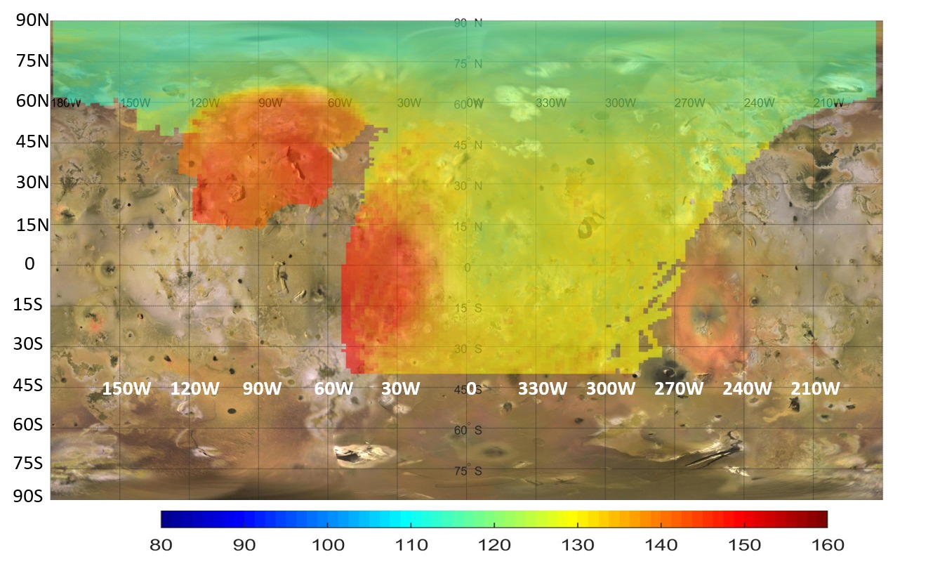 False-colour map of subsurface heat inferred from Juno's microwave measurements of Io. NASA/JPL-Caltech/SwRI/USGS; colours encode temperature, not visible appearance.