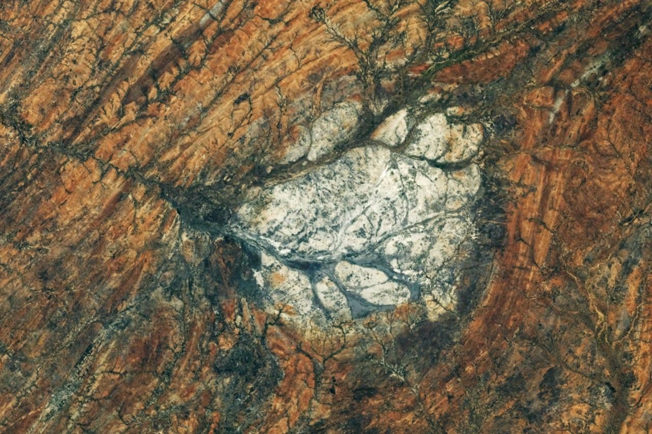 Astronaut photograph of the pale Saririaky anorthosite massif in southern Madagascar, taken on August 28, 2026. NASA/ISS Crew Earth Observations.