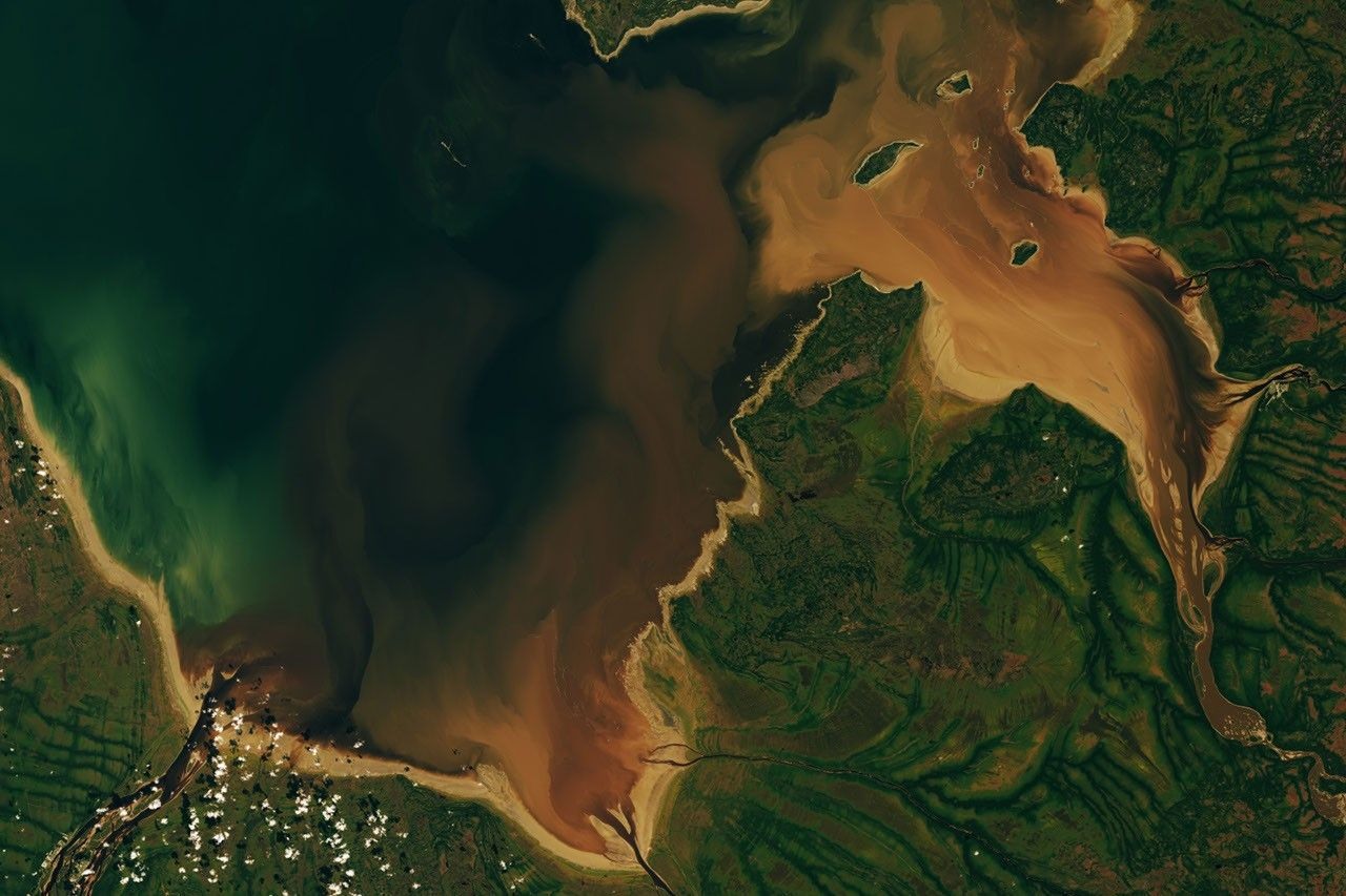 Landsat 9 image of brown river plumes entering Hannah and Rupert bays on September 27, 2026. NASA Earth Observatory/Lauren Dauphin, using USGS data.