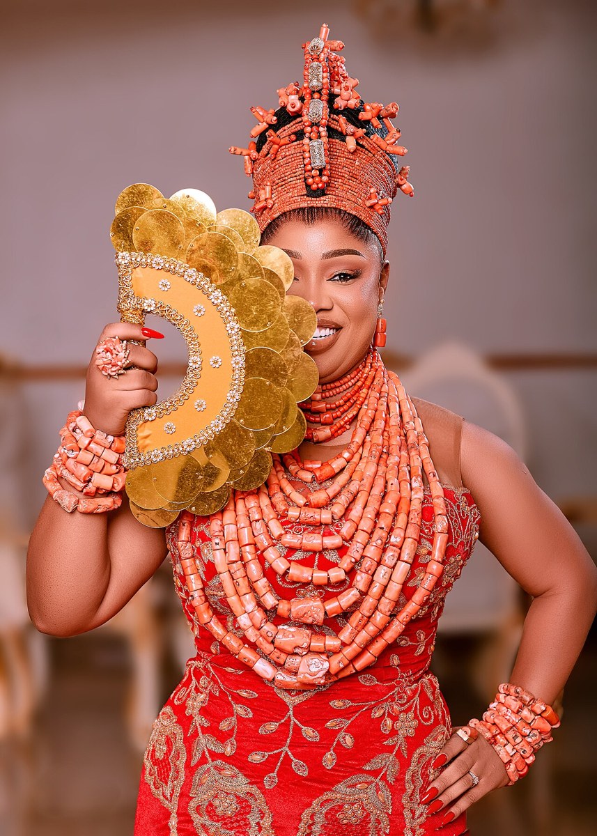 A Nigerian bride in beaded ceremonial dress. Illustrative file photograph; the clothing is not identified as a 7THLEO design.