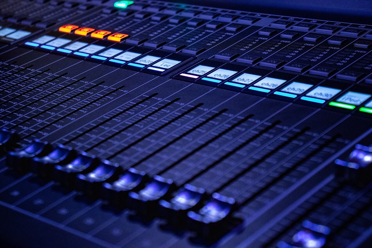 A close view of an audio mixing console. Illustrative file photograph, not equipment photographed at Euphoria360 Hub.